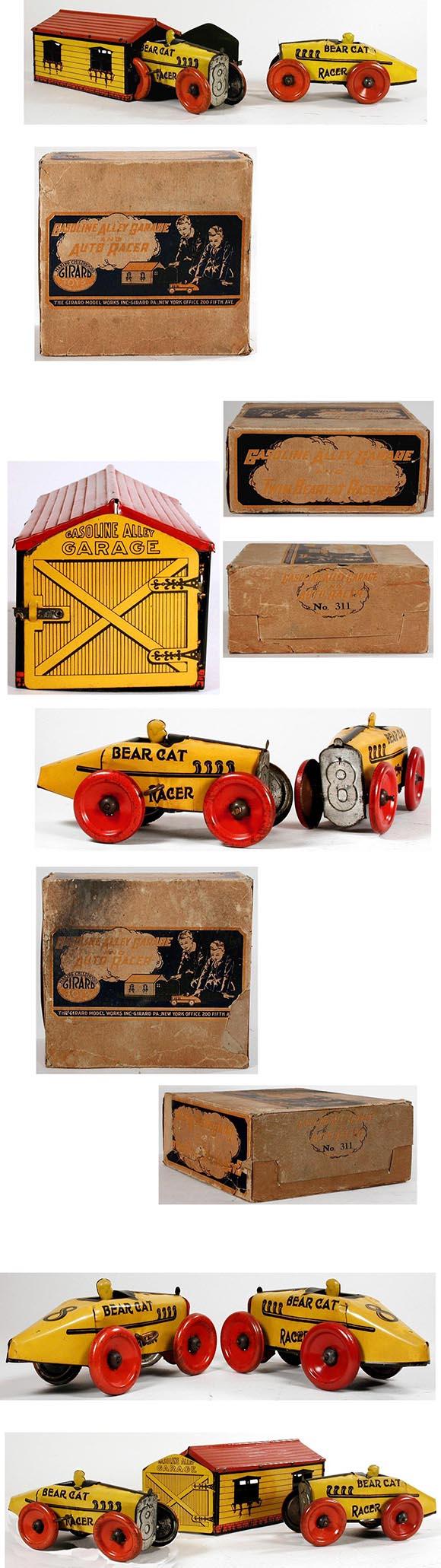 c.1924 Girard, Gasoline Alley Garage and Two Bear Cat Racers in Original Box